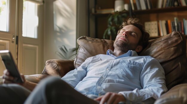 Photo man relaxing on couch with remote control