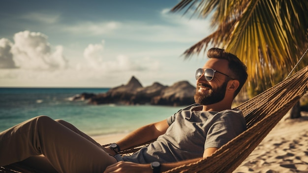 Foto uomo che si rilassa su un'amaca sulla spiaggia