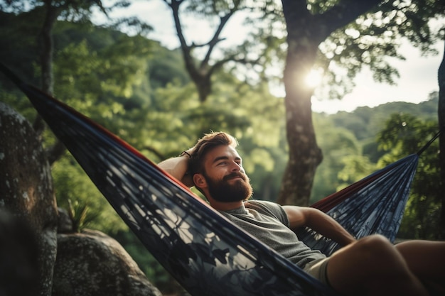 Photo man relaxing in nature while sitting in hammock