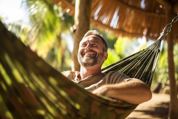 Man relaxing in nature while sitting in hammock