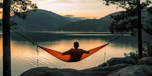 Man relaxing on an orange hammock between two pine trees Generative ai