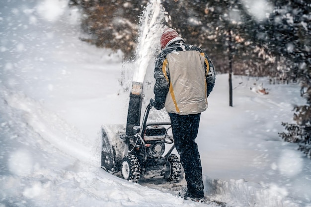 Man removes snow with a snowblower rear view working with a gasoline snow blower after the severe winter storm in the city Clearing the area from snowfall