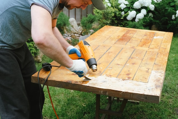 Man removing old varnish from wood using scraper and heat gun