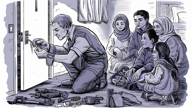 Мужчина, ремонтирующий дверную ручку, ремесленник ремонтирует дверный замок в комнате, работающей на беженцев.