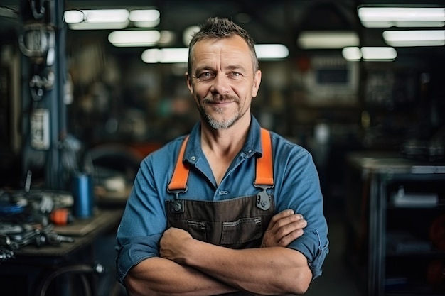 Man repareert een auto in de autoreparatiewerkplaats Blanke man van middelbare leeftijd die in zijn werkplaats staat en naar de camera kijkt