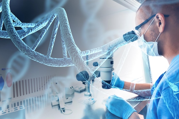 Man researcher carrying out scientific research lab with microscope