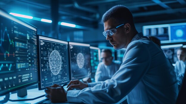 Photo man researcher examining a futuristic biotech lab personalized medicine