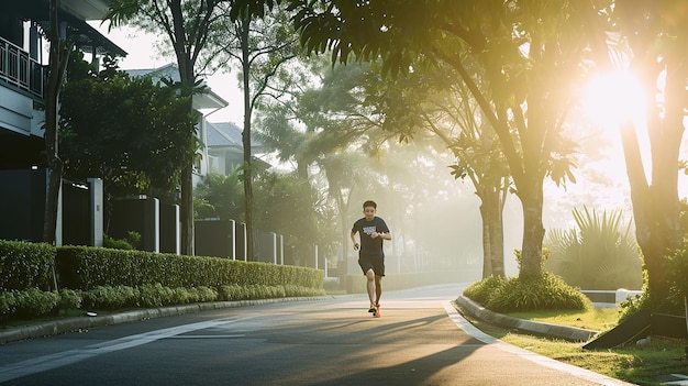 Man in residential area jogging wealthy life concept