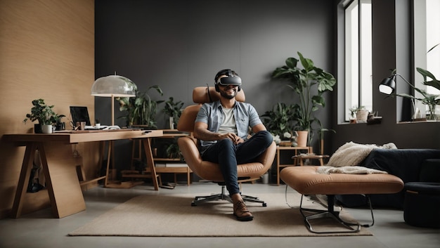 VRヘッドセットを装着した椅子に座っている男性