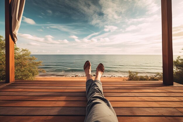 Photo man rest on wooden terrace on sea beach