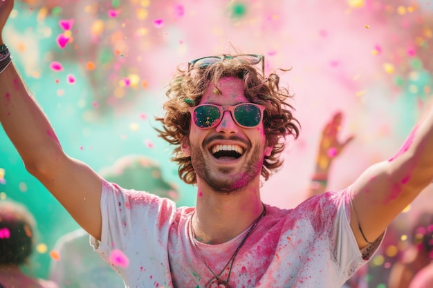 Man reveling in the exuberance of a vibrant color festival arms wide open