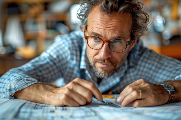 Man reviewing architectural plans at table