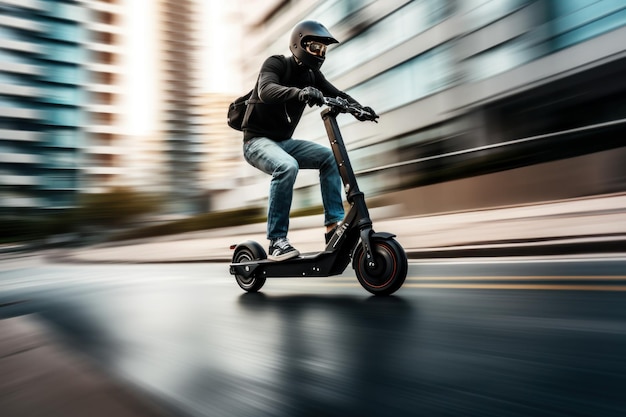 A man rides around the city on a scooter