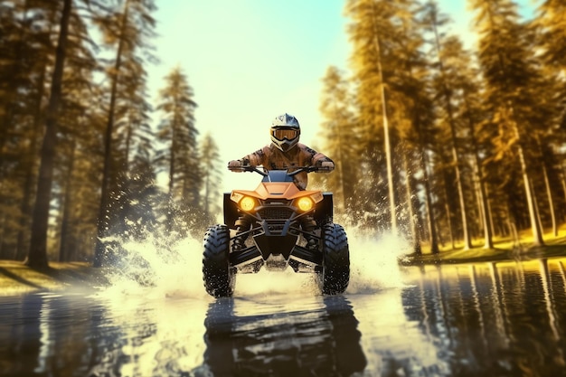 A man rides an atv through a puddle in the woods.