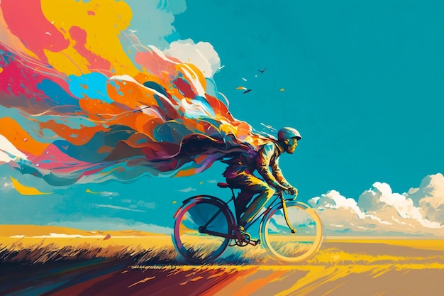 A man rides a bicycle Multicolored elements of paintings Generative AI