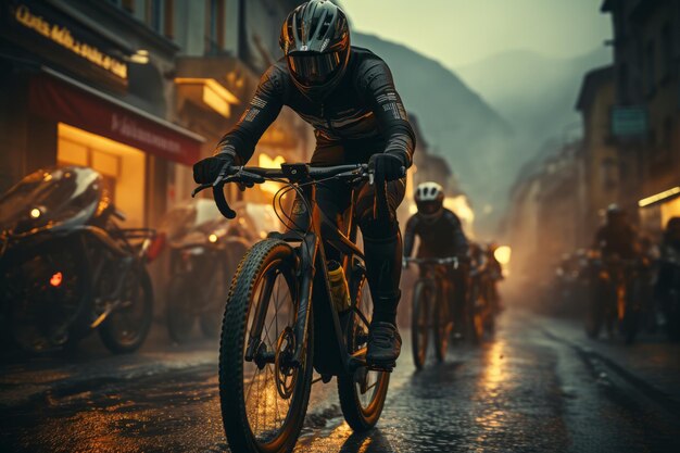 Photo a man rides a bicycle at night in the city