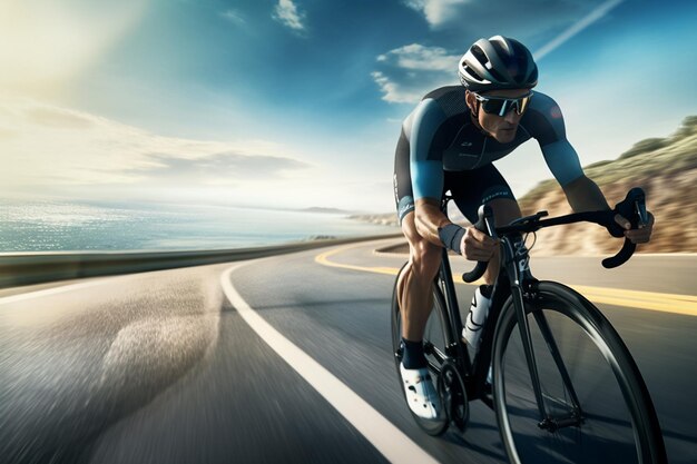 A man rides a bicycle on a riverside road with a beautiful view on a blurred background