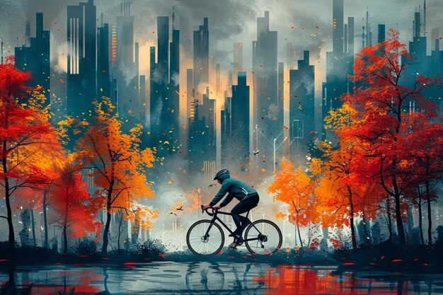 man rides a bike in the city with a city in the background