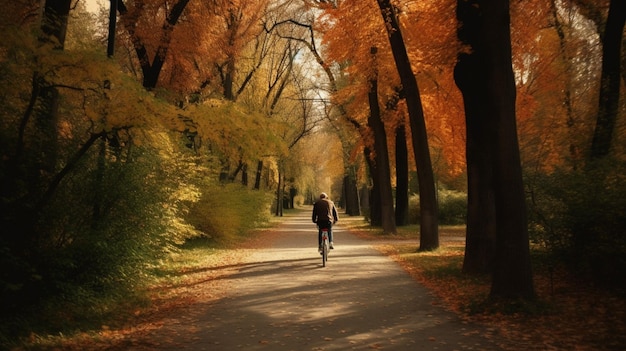 Photo a man rides a bike down a path with autumn leaves on the ground.