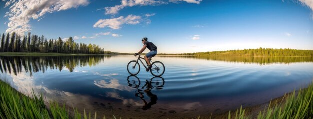 A man rides a bike on a lake.