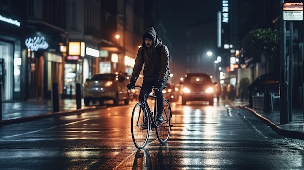 비오는 밤에 한 남자가 자전거를 탄다.
