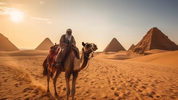 A man rides a camel through the desert