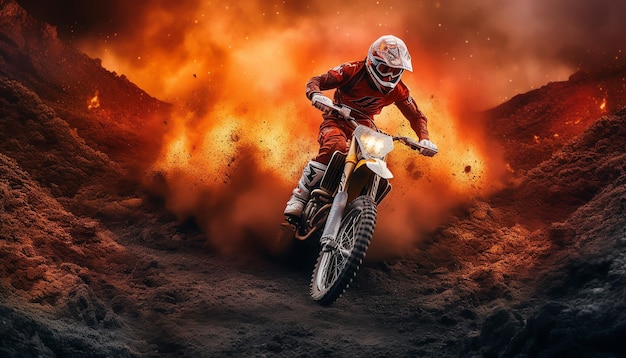 A man rides a dirt bike in front of a fiery explosion