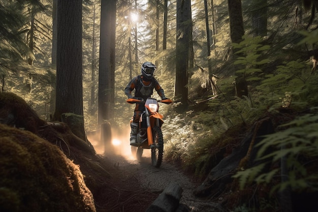 A man rides a dirt bike through a forest.