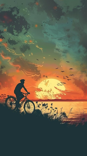 夕暮れのビーチで男性が自転車に乗っている