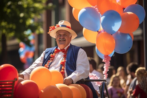 A man rides a horse drawn carriage with balloons in the background.