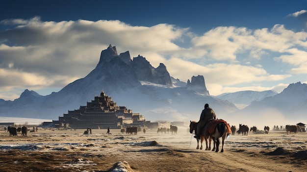 A man rides a horse in front of a temple with mountains in the background.