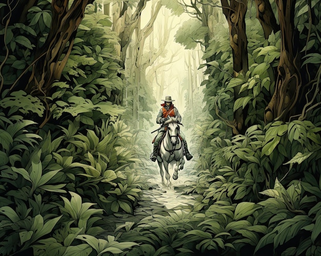 A man rides a horse in a jungle painting Illustration Generative AI