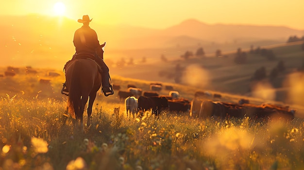 Человек едет на лошади на закатном поле, на травяной равнине и в естественном ландшафте.