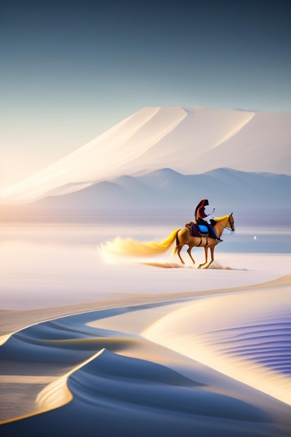 A man rides a horse through the desert.