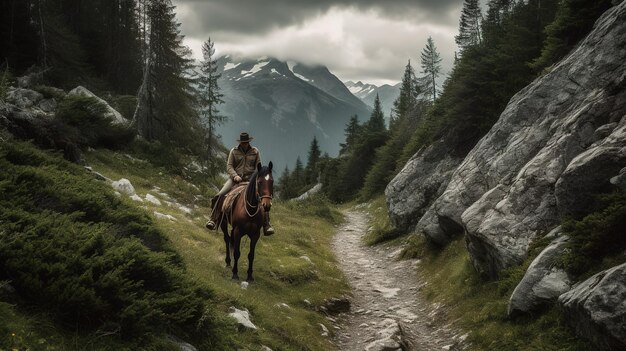 A man rides a horse through a forest with mountains in the background.