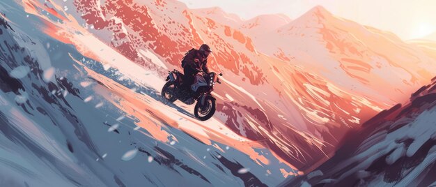 Photo a man rides a motorcycle in the mountains