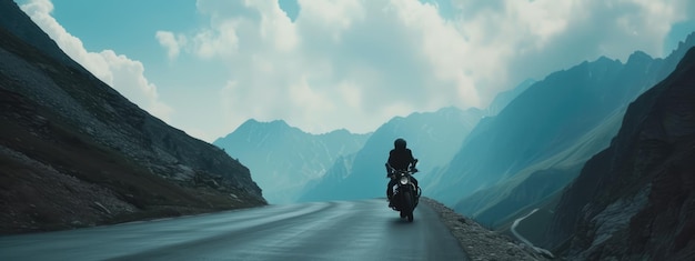 Photo a man rides a motorcycle on a road