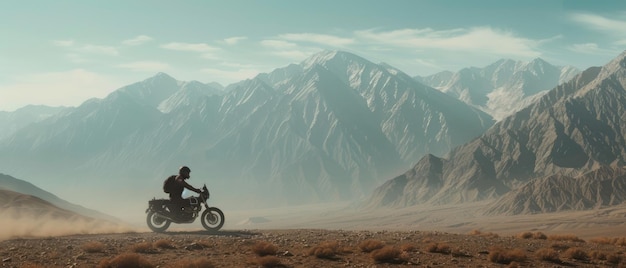 Photo a man rides a motorcycle with mountains in the background