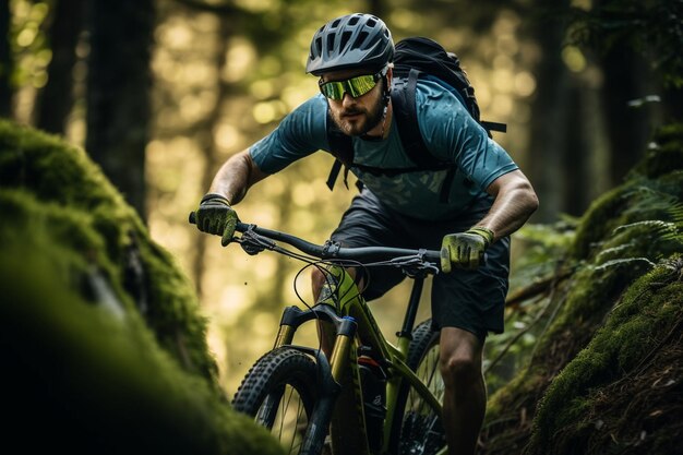 A man rides a mountain bike in a helmet and gear on the road in a green forest