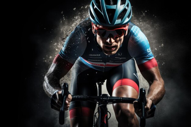 男性がスポーツ自転車レースの抽象的な背景の生成 AI に乗る