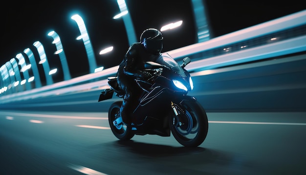 A man rides a sports motorcycle in the city at night