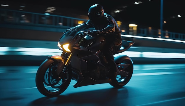 A man rides a sports motorcycle in the city at night