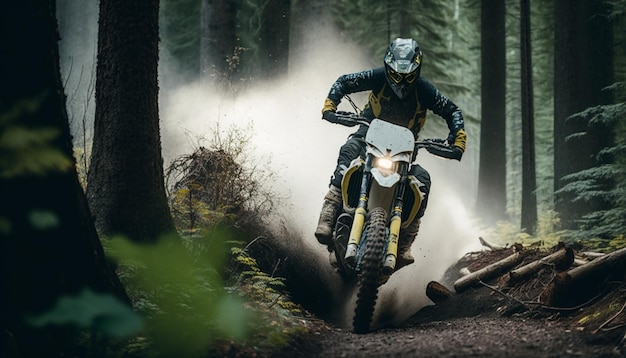 A man riding a 2020 yamaha fz - 250 motorcycle in a dark forest.