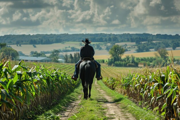 A man riding on the back of a horse down a dirt road