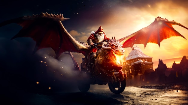 Man riding on the back of motorcycle next to red dragon Generative AI