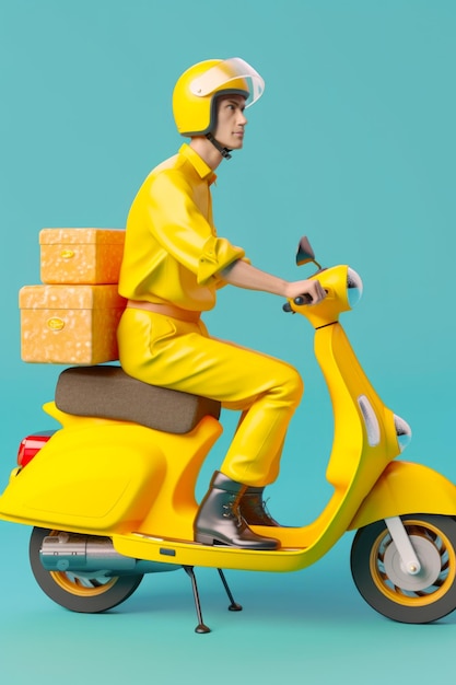 Man riding on the back of yellow scooter filled with boxes Generative AI