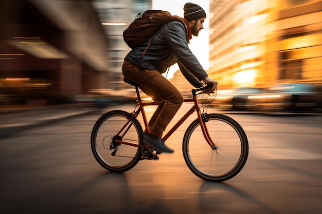 背景をぼかした写真のラッシュアワーに街の通りで自転車に乗る男性