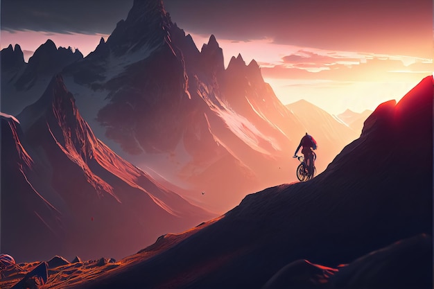 Человек, едущий на велосипеде вниз по холму на эпическом закате, иллюстрация в стиле цифрового искусства AI