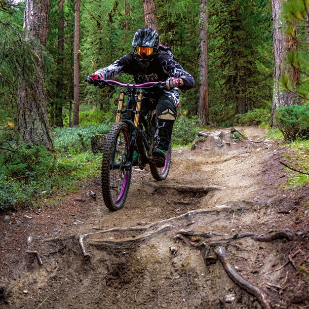 Foto uomo in bicicletta nella foresta