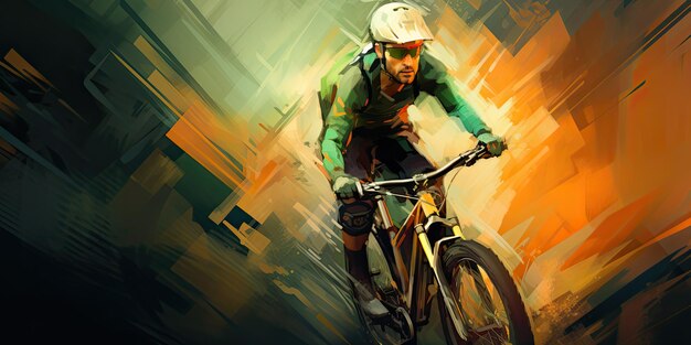 A man riding a bicycle in a green and gold colored background generative ai